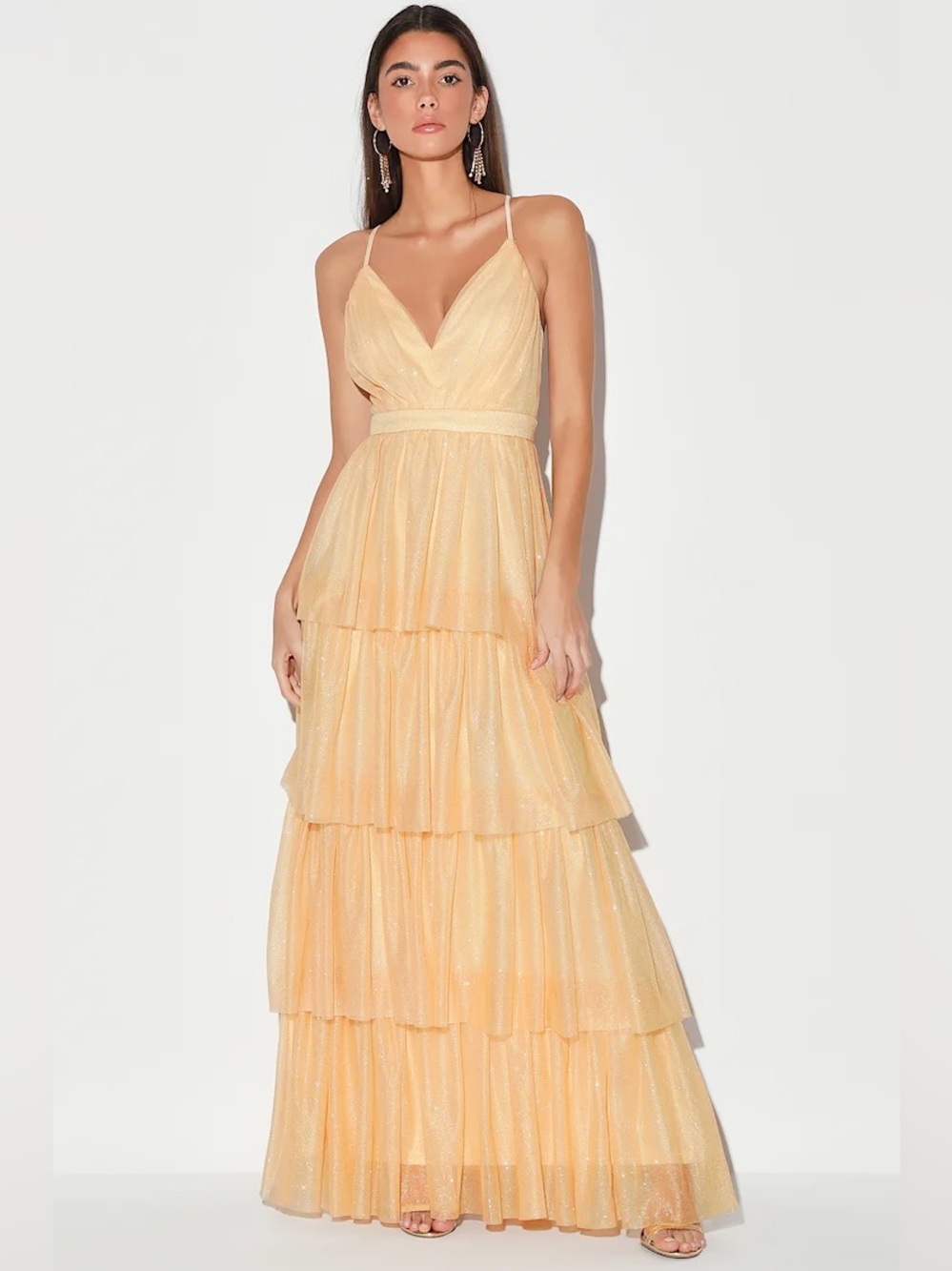 LULUS | NWT STUNNING STARLET CHAMPAGNE  GLITTER TIERED BACKLESS MAXI DRESS MED